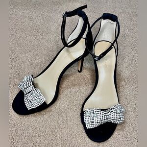 Ann Taylor Reagan Crystal Pearl Bow Black Suede Sandals